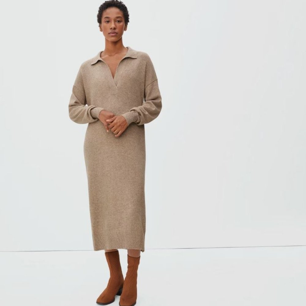 Everlane The Cashmere Polo Midi Sweater Dress Brown Size L NWOT